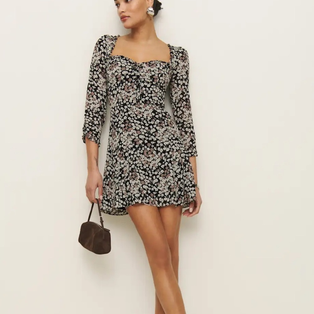 Reformation Black Floral Dress with White and Brown Accents